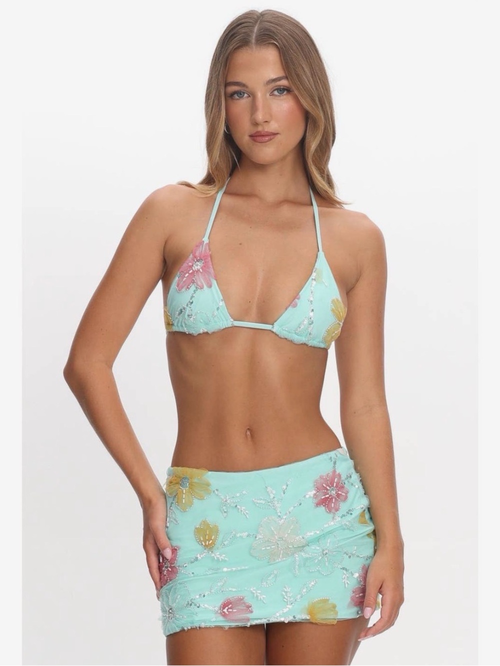 Aqua Floral Embroidered Bikini Top & Mini Skirt Set